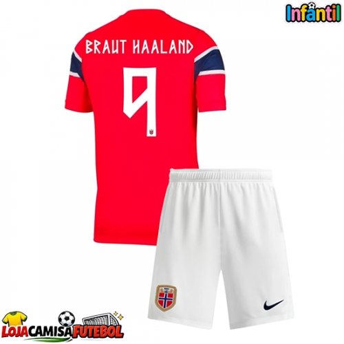 Camisa de Futebol Noruega Erling Haaland #9 Equipamento Principal Infantil Mundo 2026 Manga Curta (+ Calças curtas)